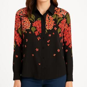 Bob Mackie Wearable Art Silk Blouse Black Floral Large
